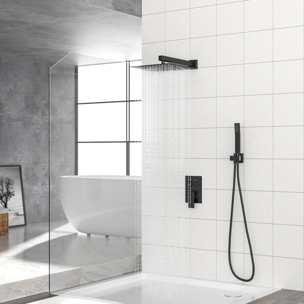 Dual Shower Head System With Square Rain Shower And Rough In Valve