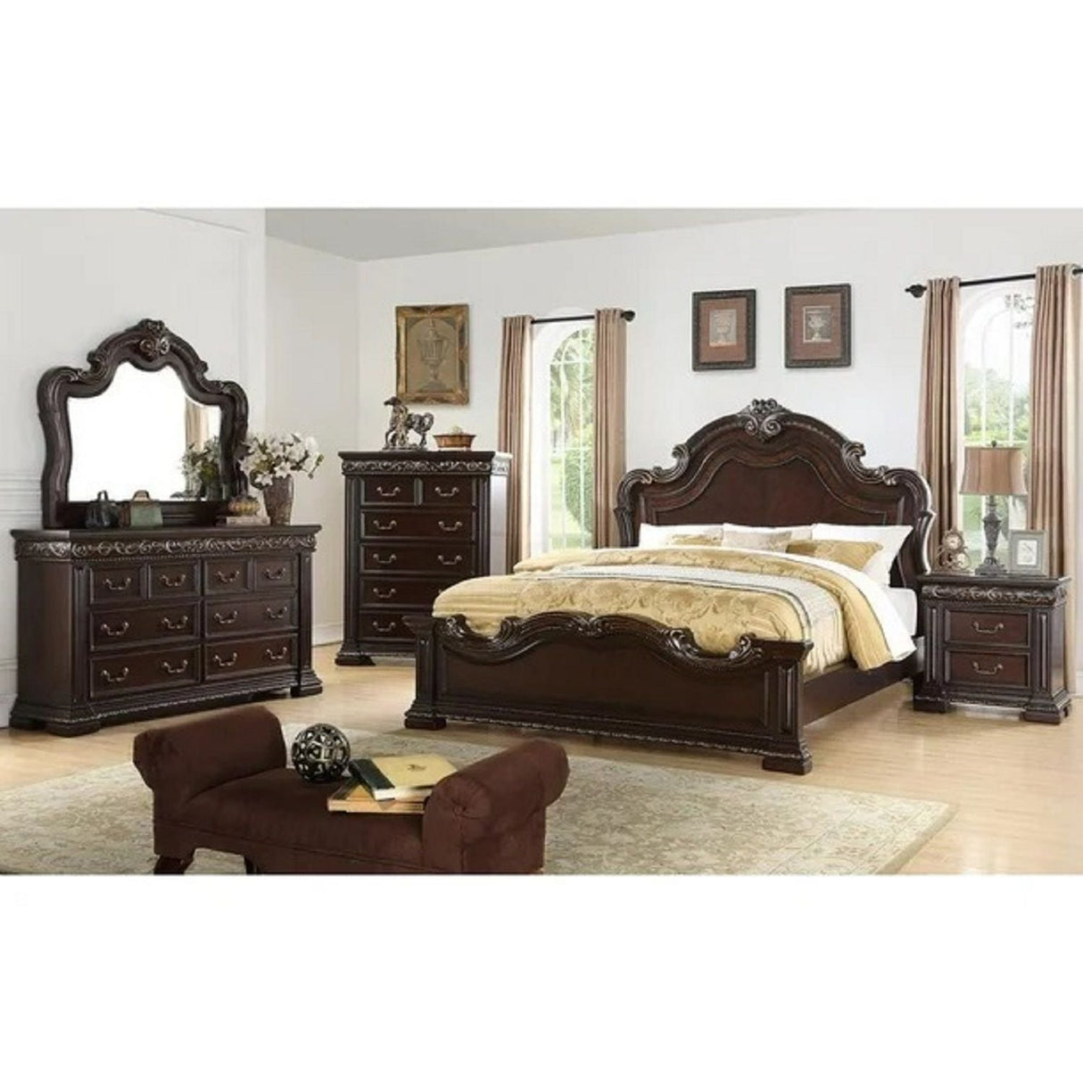 2 Drawer Nightstand, Carvings Bedside Table, Bedroom Furniture - Cherry