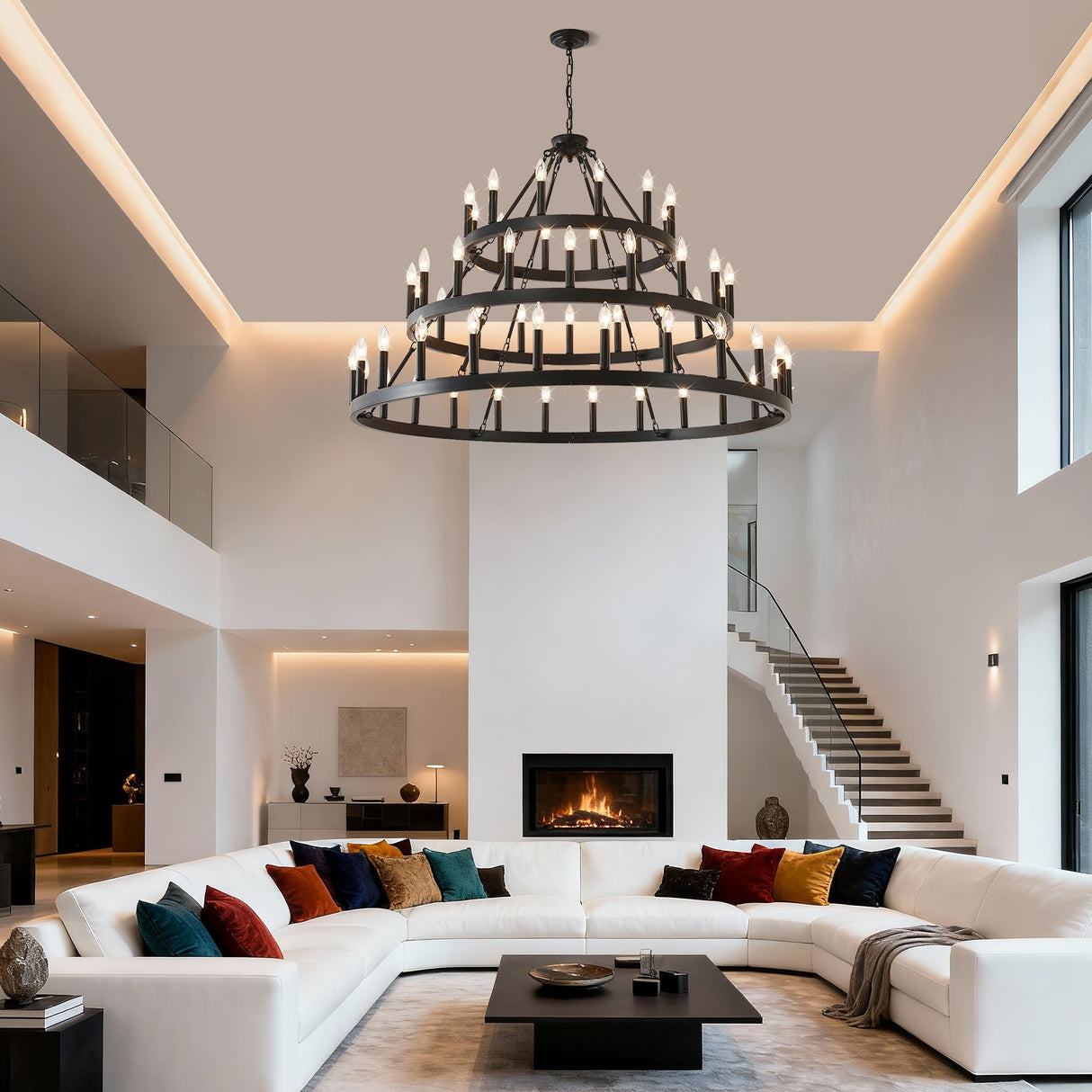 3 Tiers Wagon Wheel Chandelier - 54-Light Matte Black Metal