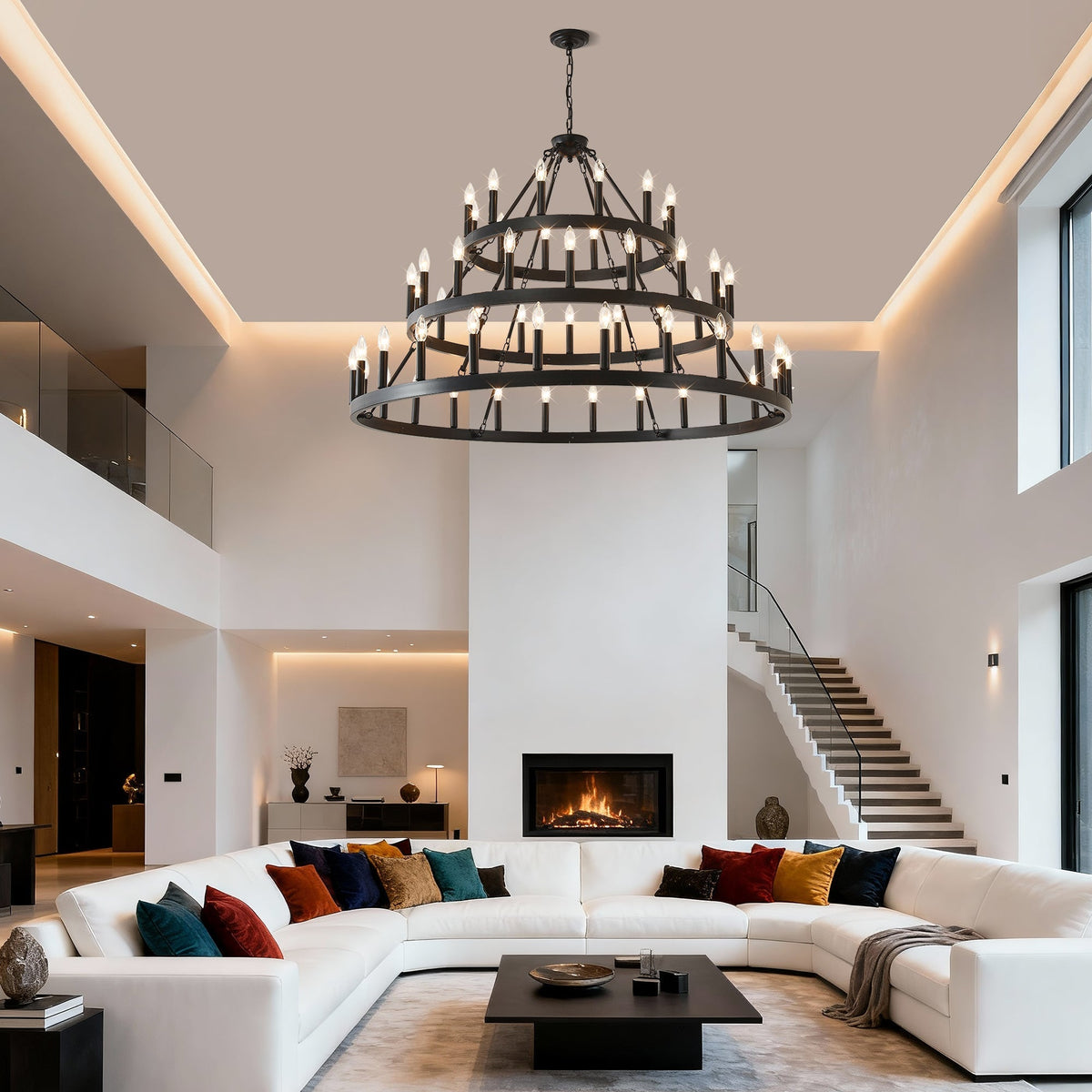 3 Tiers Wagon Wheel Chandelier - 54-Light Matte Black Metal