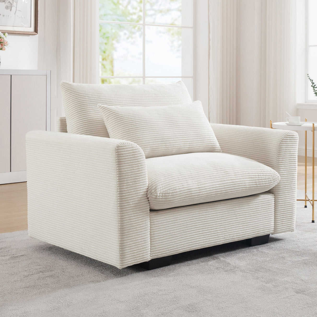 Beige Corduroy Deep Seat Single Sofa Accent Chair
