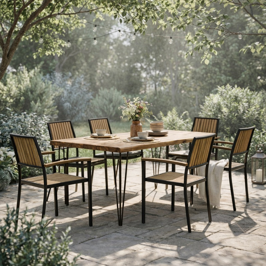 7 PCS Outdoor Dining Set for 6 with Acacia Wood and Iron