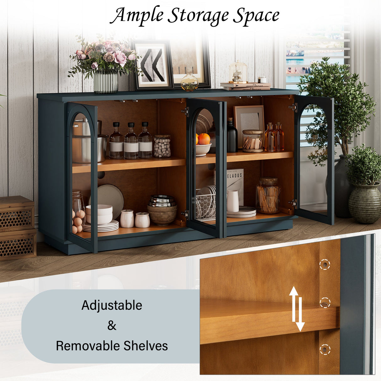 Arched Storage Cabinet with Glass Doors