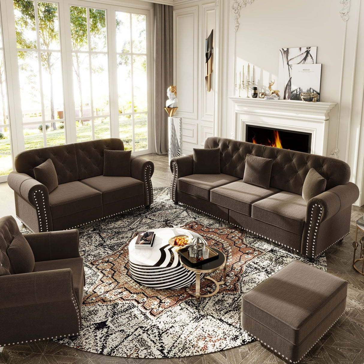 Upholstered Sofa Set With Nailhead Trim and Rolled Armrests, Includes Pillows