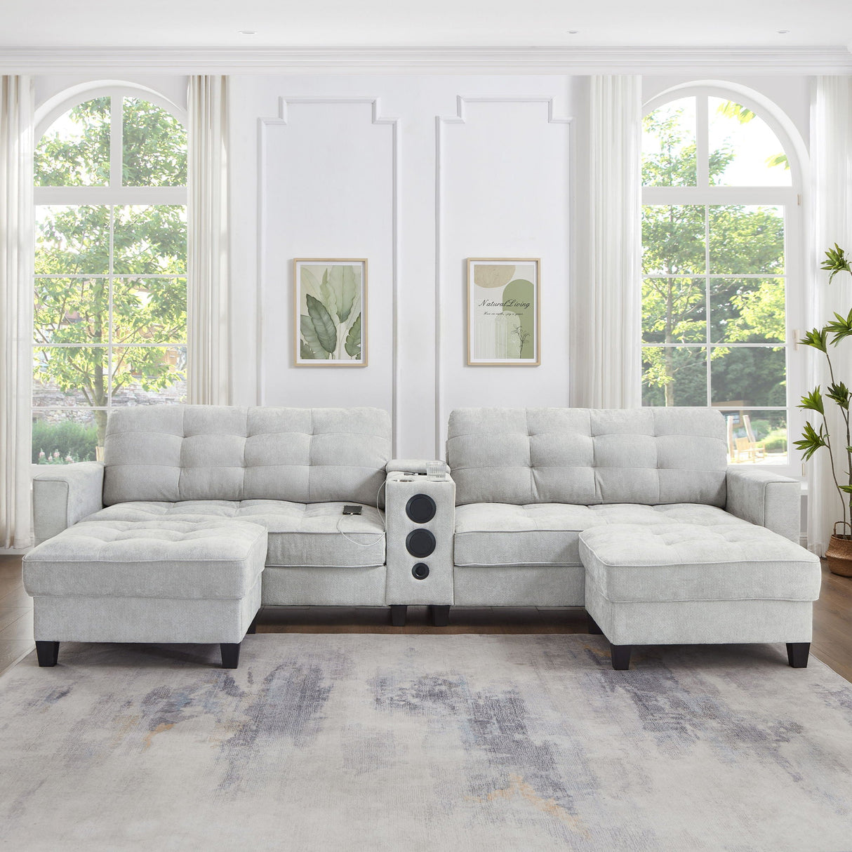 Modern Sectional Sofa U-Shaped With Movable Ottomans, tooth Speakers, LED Lights And Modular Storage