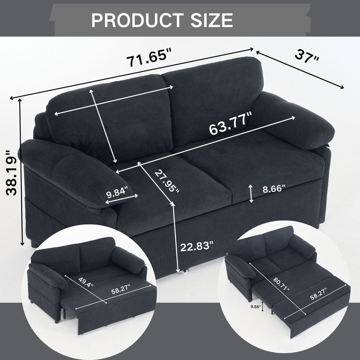 Convertible Pull Out Sofa Bed Queen Size with Side Storage - Fabric, Modern