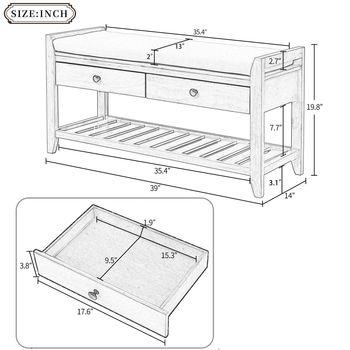 TREXM Shoe Rack with Cushioned Seat and Drawers