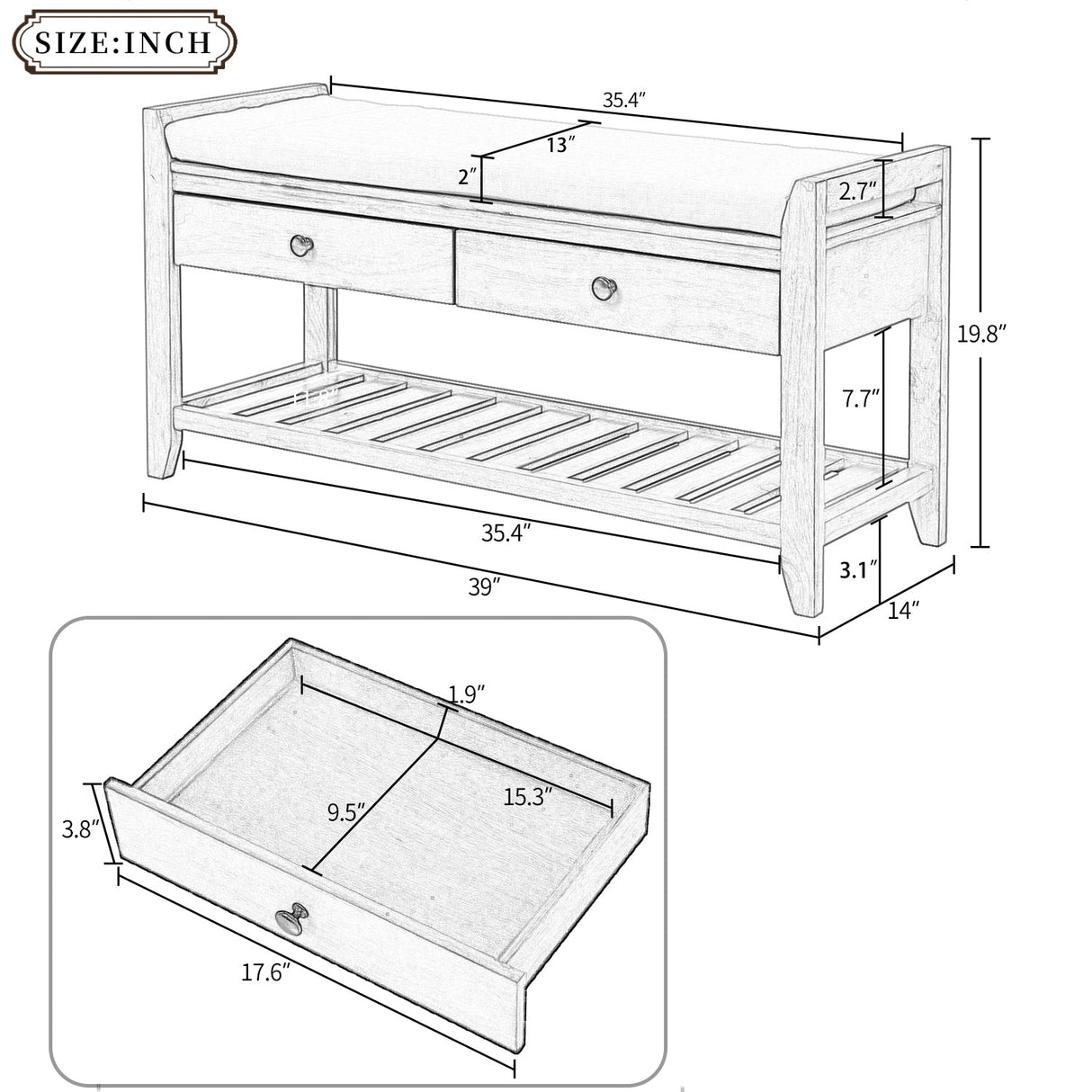 TREXM Shoe Rack with Cushioned Seat and Drawers