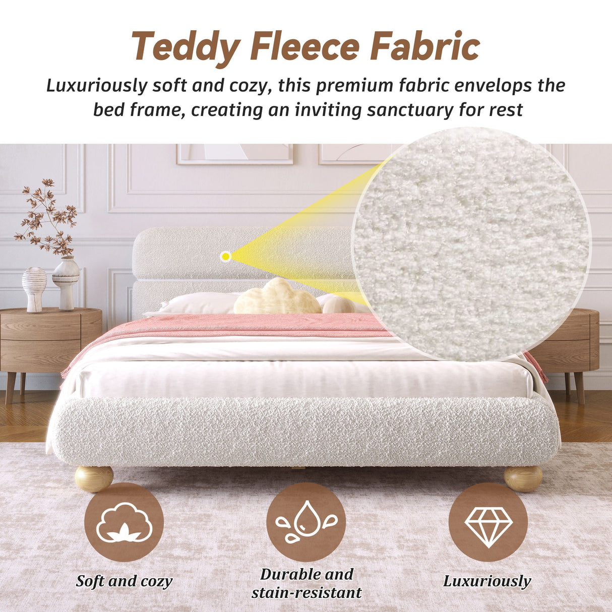 Queen Size Low Profile Upholstered Bed - White