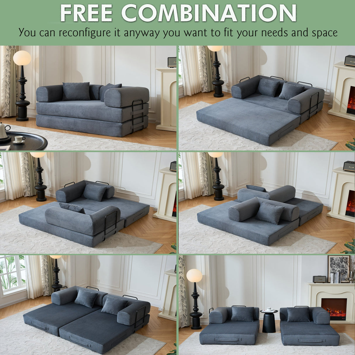 59" Convertible Sleeper Sofa Bed with Cylindrical Pillow - Gray