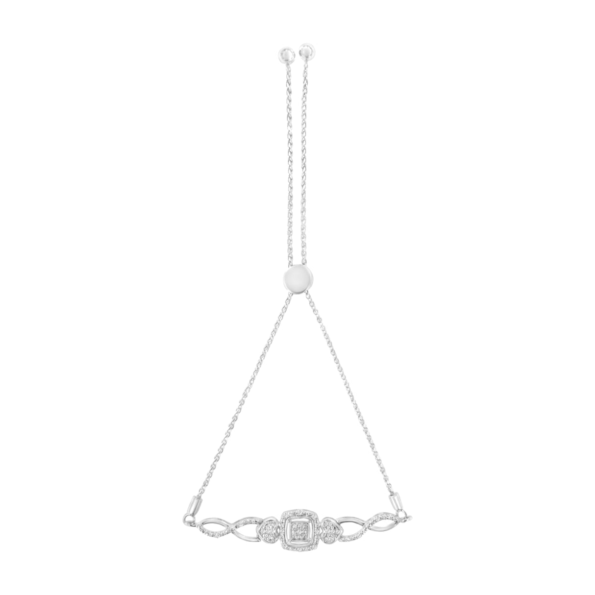 .925 Sterling Silver Diamond Cushion Frame Heart-Sides Twist 4â€-10†Adjustable Bolo Tennis Bolo Bracelet (I-J Color, I3 Clarity)