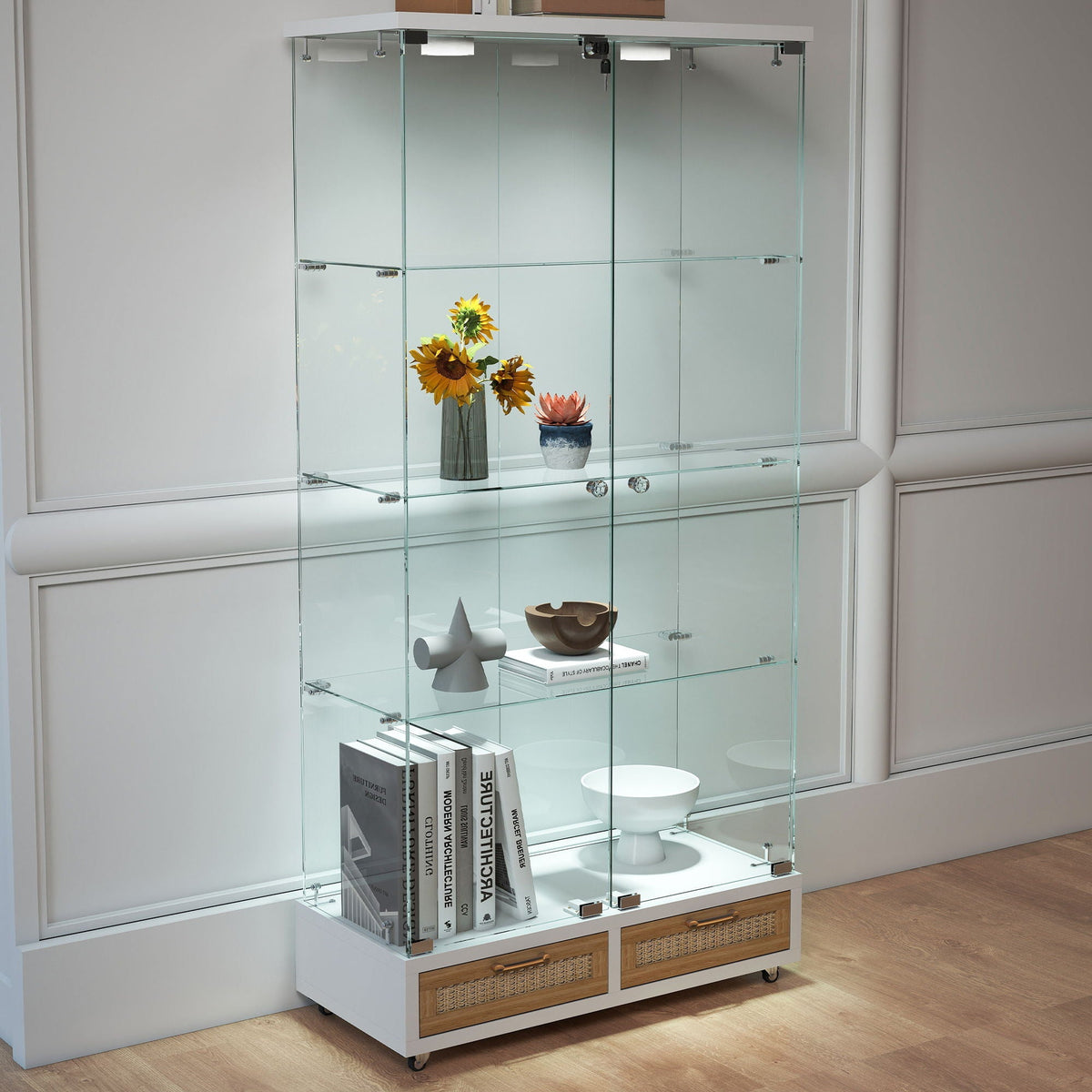 Glass Display Cabinet With LED Lights, Tempered Glass Doors, Large Drawers, 2 Door Storage Case With 4 Shelves - Natural / White
