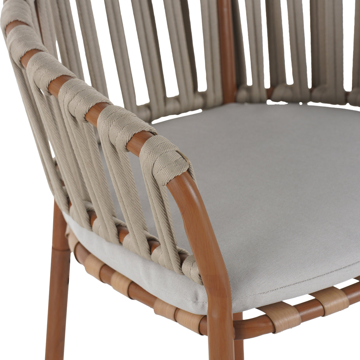 Lodi Outdoor Metal Rope Barstool, Teak Finished Frame and Beige Cushion, Set of 4