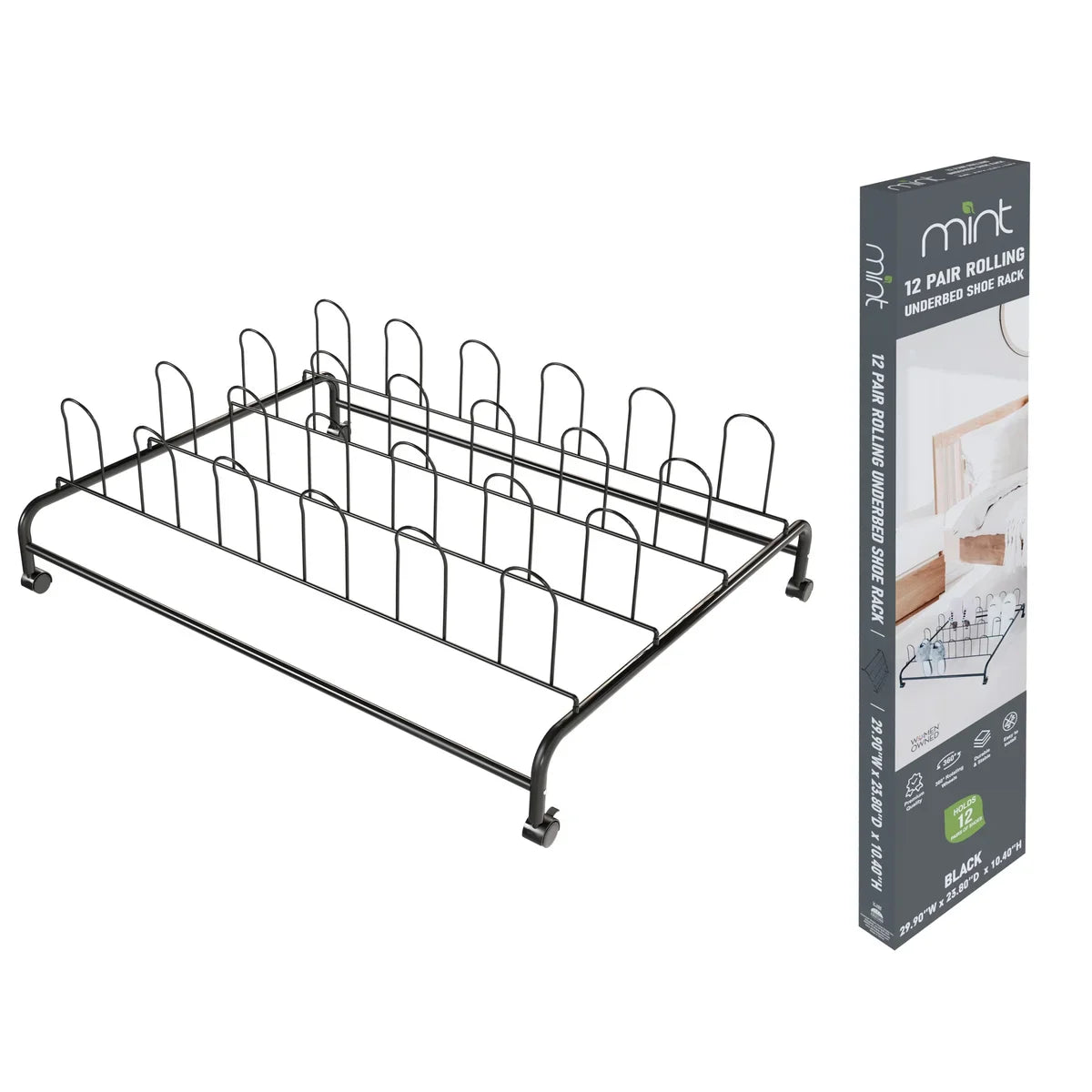 Glossy Black UTB Rolling Shoe Rack - Stores Up to 12 Shoes