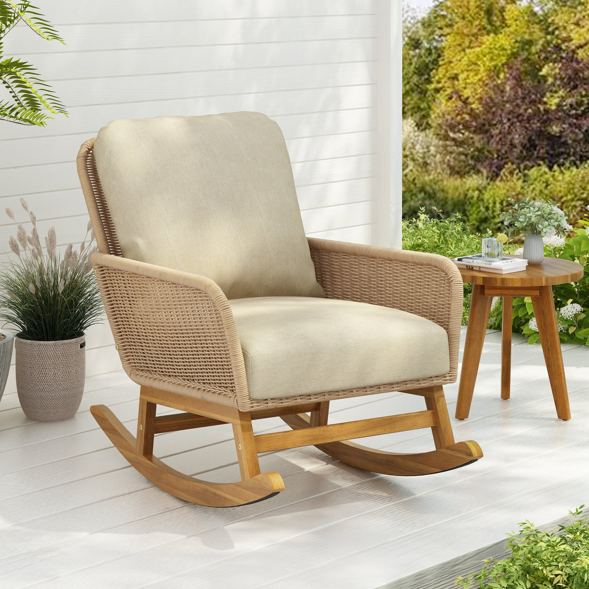 Contemporary Minimalist Beige Wicker Rocking Chair