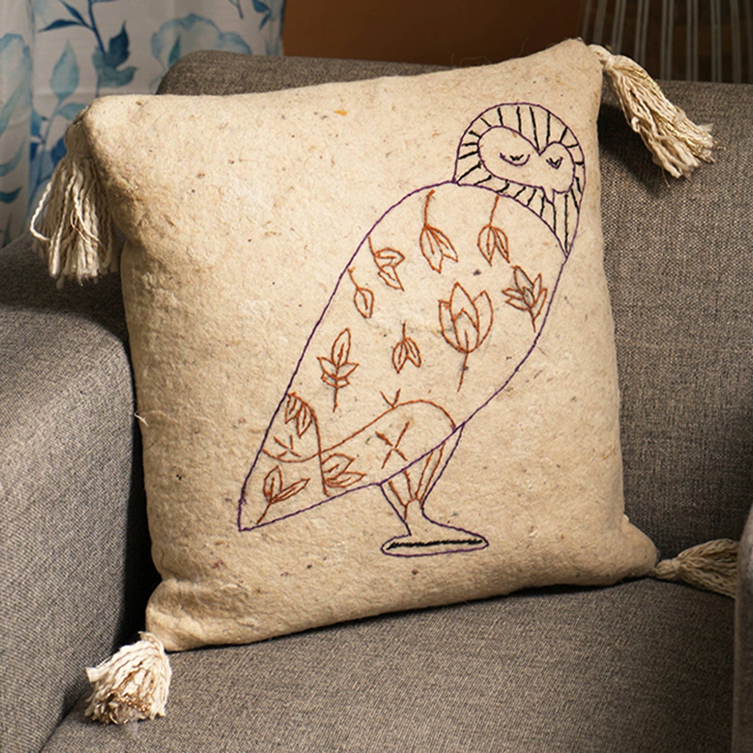 100%-Wool-Embroidery-Cushion-Beige-18-X-18-Inch/-Abstract-Cotton-Throw-Pillow-Throw-Pillow