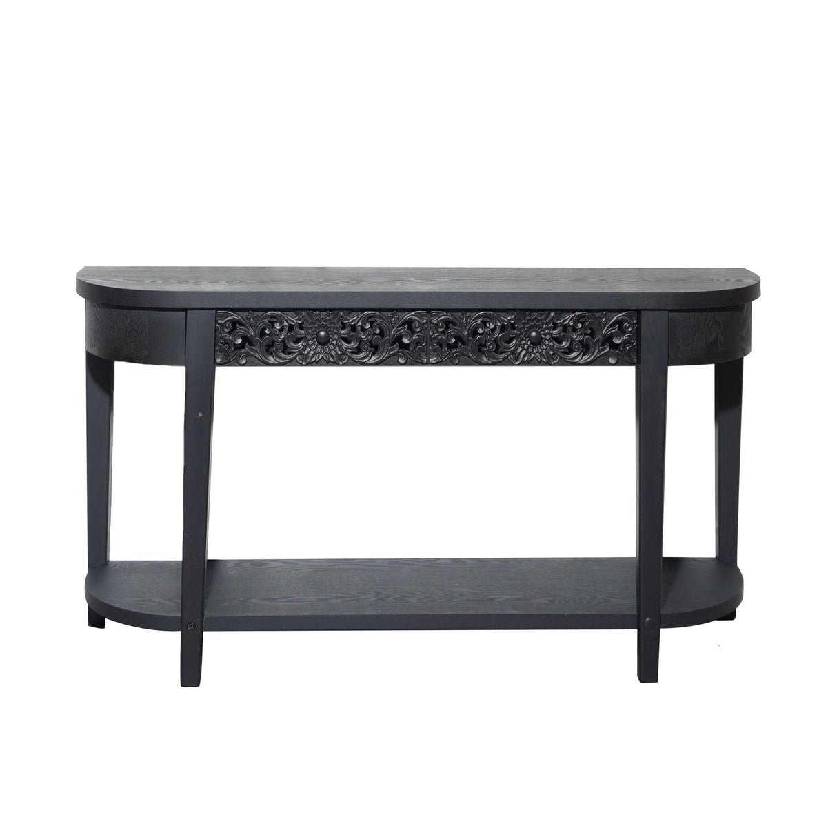 59.2in Black Carved Wooden Console Table with Lower Storage Shelf Tow Drawers– Elegant Decorative Accent for Entryway, Living Room, and Hallway