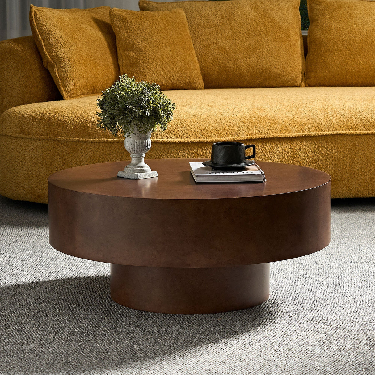 31.49'' Faux Burl Wood Pattern Round Coffee Table with Sturdy Pedestal