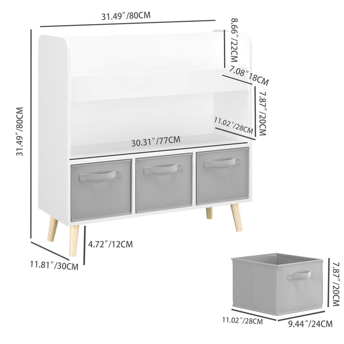 Bookshelf With 3 Bins Storage Shelf for Kids - White
