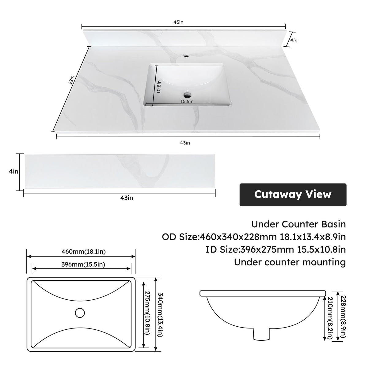 43-inch Quartz Bathroom Vanity Top with Undermount Single Bowl Sink