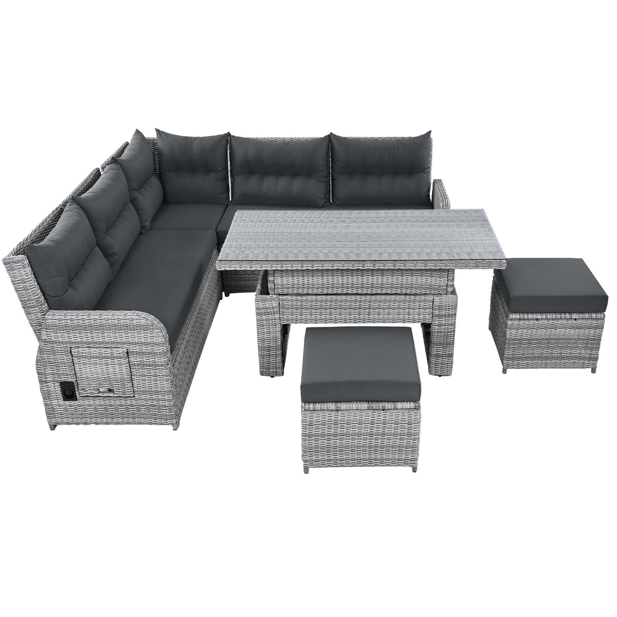 Outdoor Furniture Set Patio Rattan Furniture with Adjustable Table, Recliners, Side Tables, Ottomans