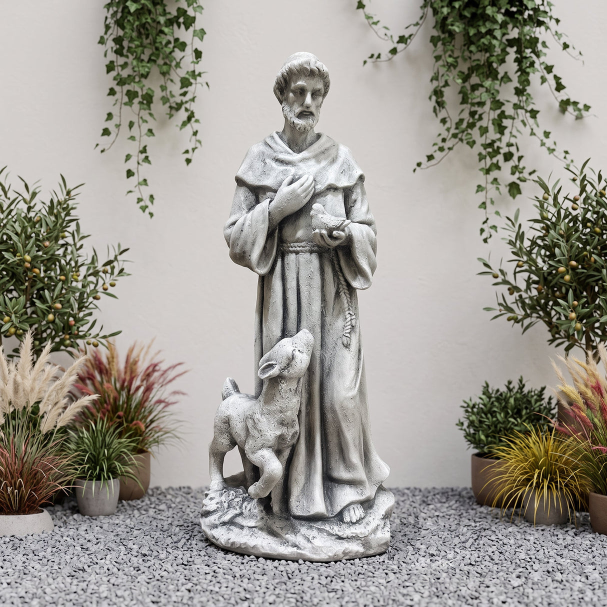Magnesium Oxide Saint Statue With Lamb Weatherproof Religious Sculpture