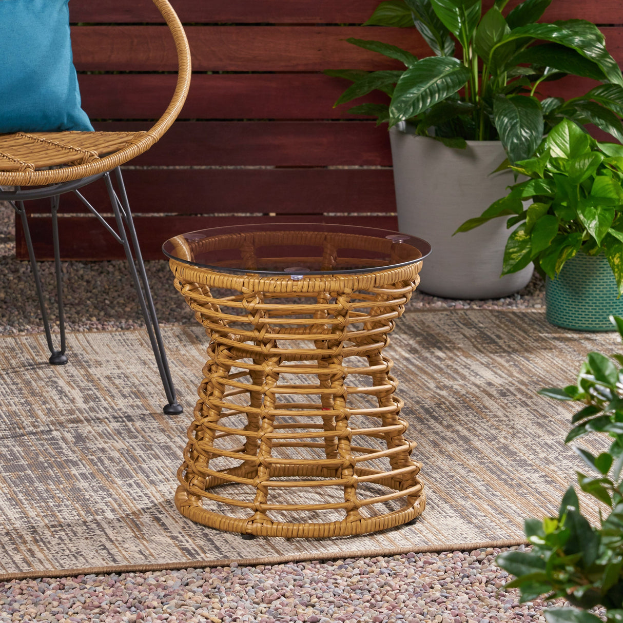 San Pedro Boho Style Side Table with Tempered Glass Top in Light Brown Rattan