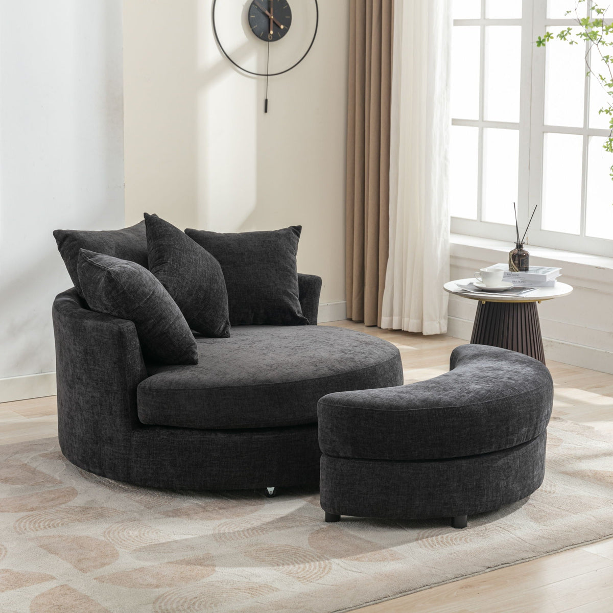 360° Swivel Accent Barrel Chair With Storage Ottoman & 4 Pillows, Modern Leisure Chair Round Accent For Living Room