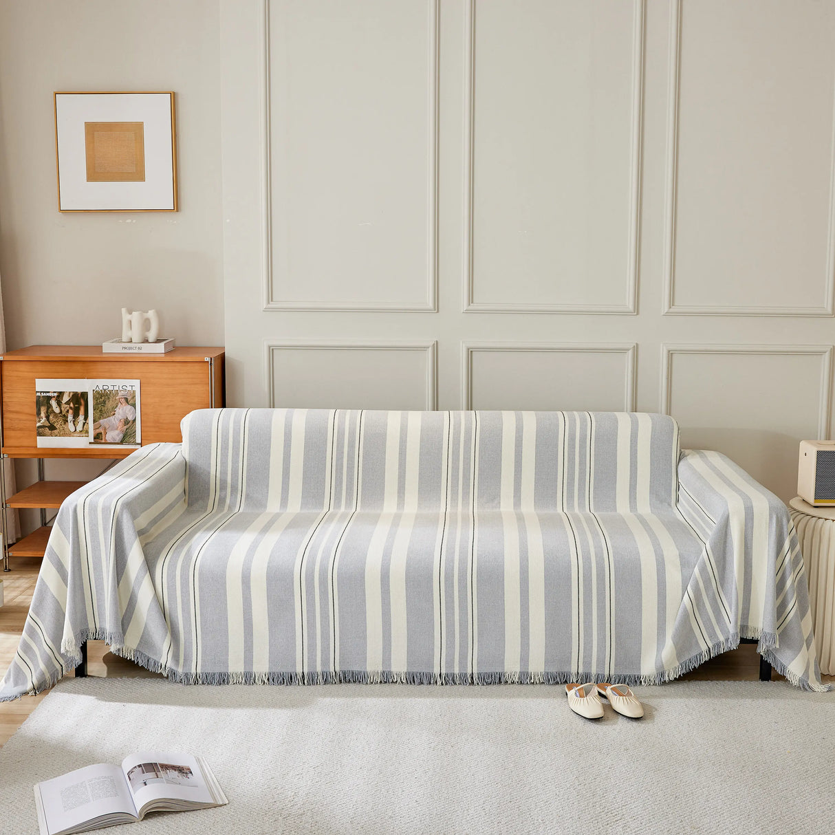 Striped Chenille Sofa Slipcover Throw, Soft Thick Washable Couch Cover Blanket