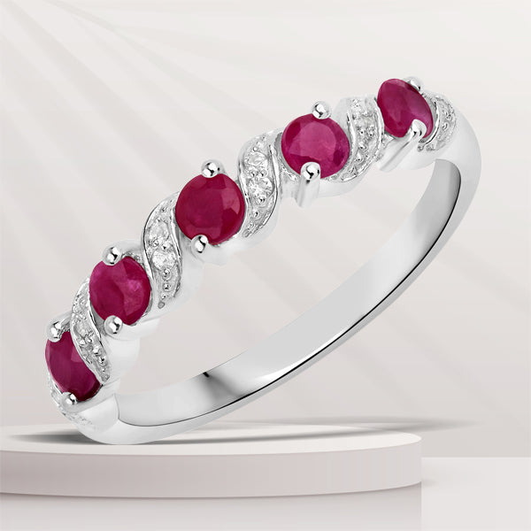 0.69 Carat Genuine Ruby and White Topaz .925 Sterling Silver Ring