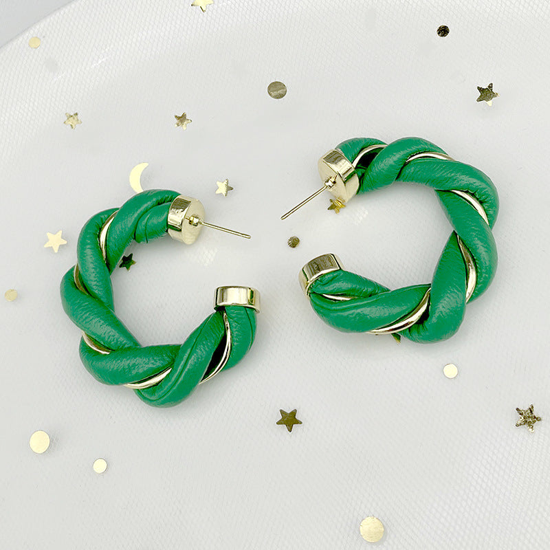 Gold-Plated Twisted Leather Hoop Earrings with Gift Pouch