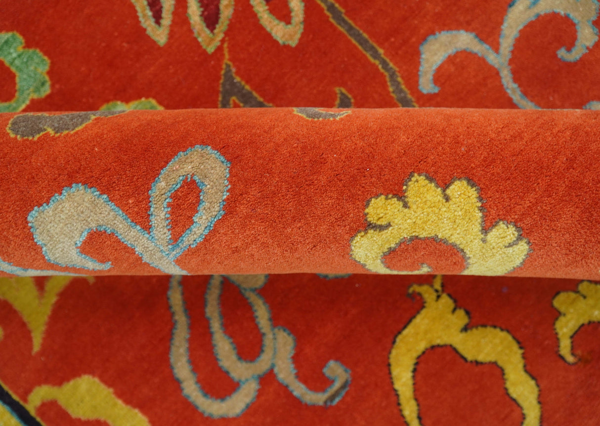 Modern Floral Orange 8x10 Hand Knotted wool Area Rug