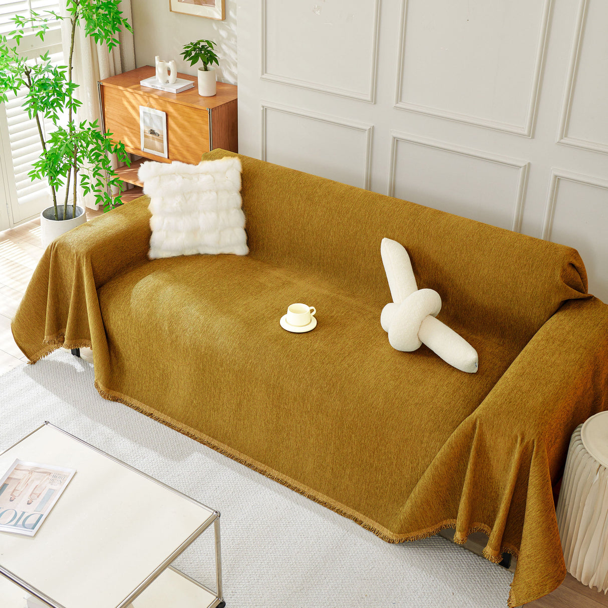 Solid Color Chenille Sofa Throw Blanket, Modern Decor Soft Couch Cover with Fringes