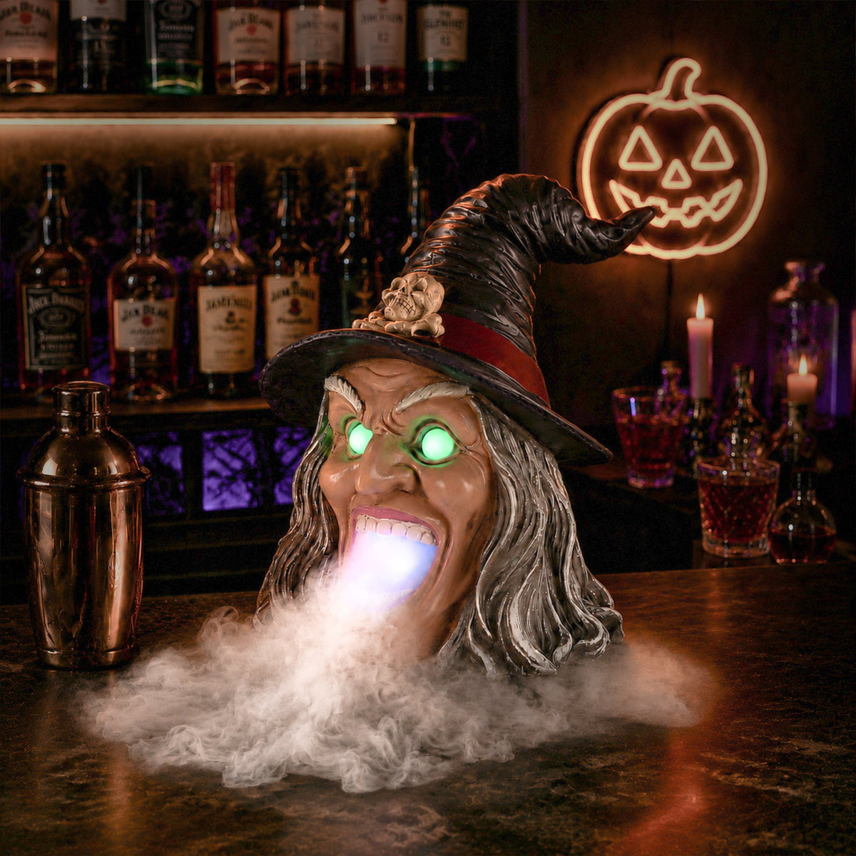 Halloween Witch Head Decor with LED Light and Mist Effect