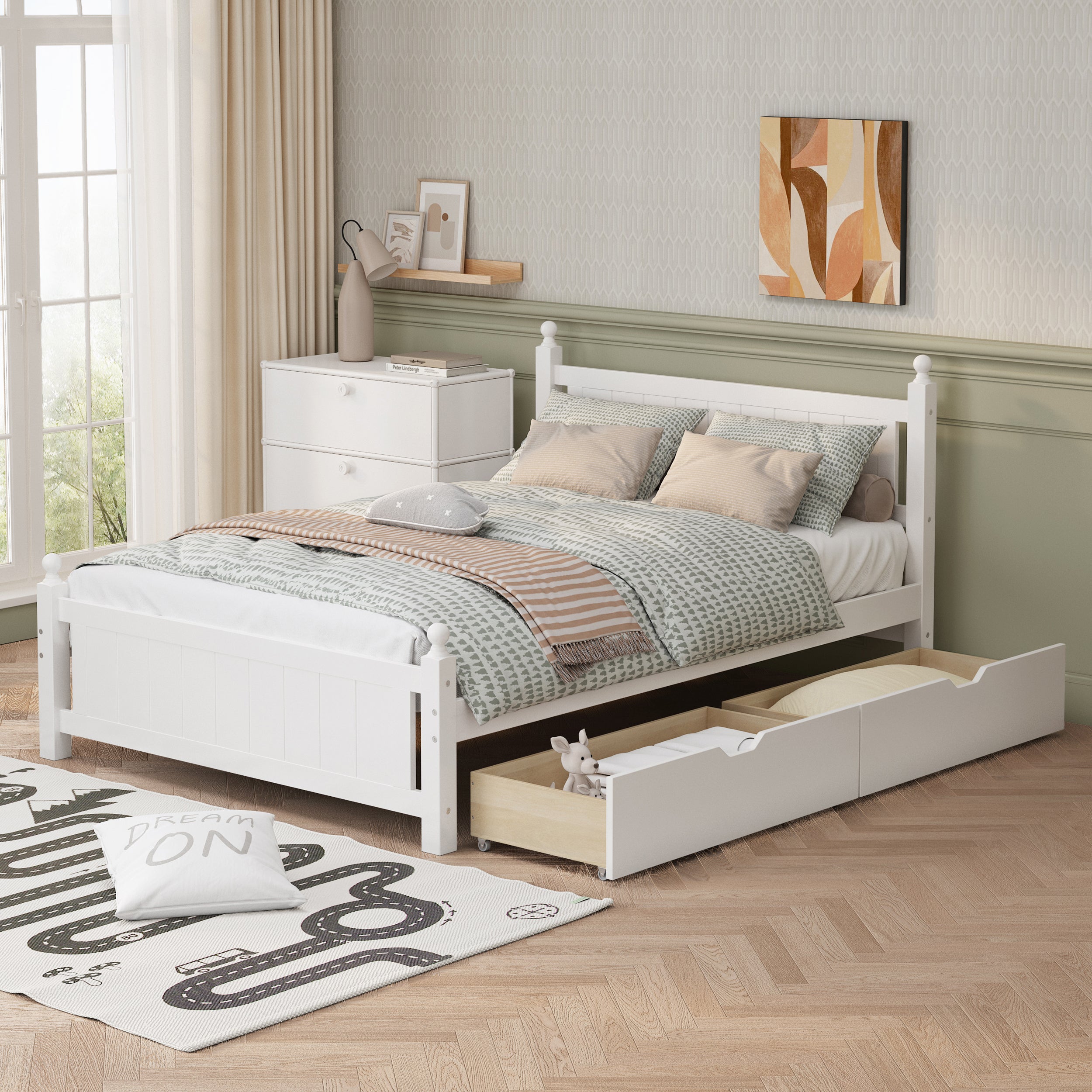 Full-Size-Solid-Wood-Platform-Bed-Frame-with-2-drawers-,-White-Kids-Beds