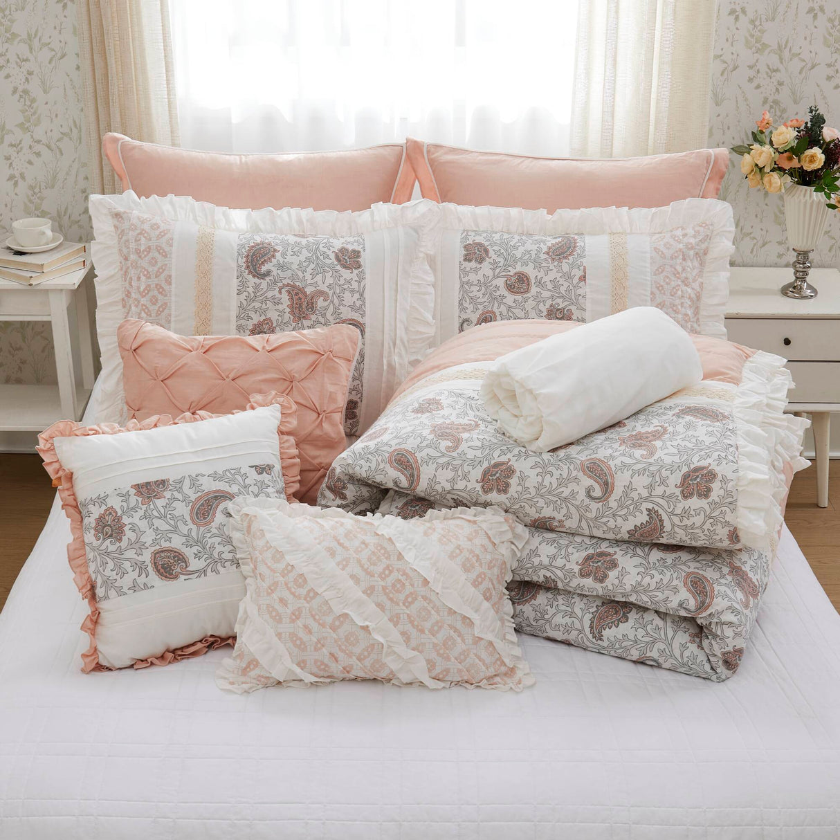 9 Piece Cotton Percale Comforter Set Blush