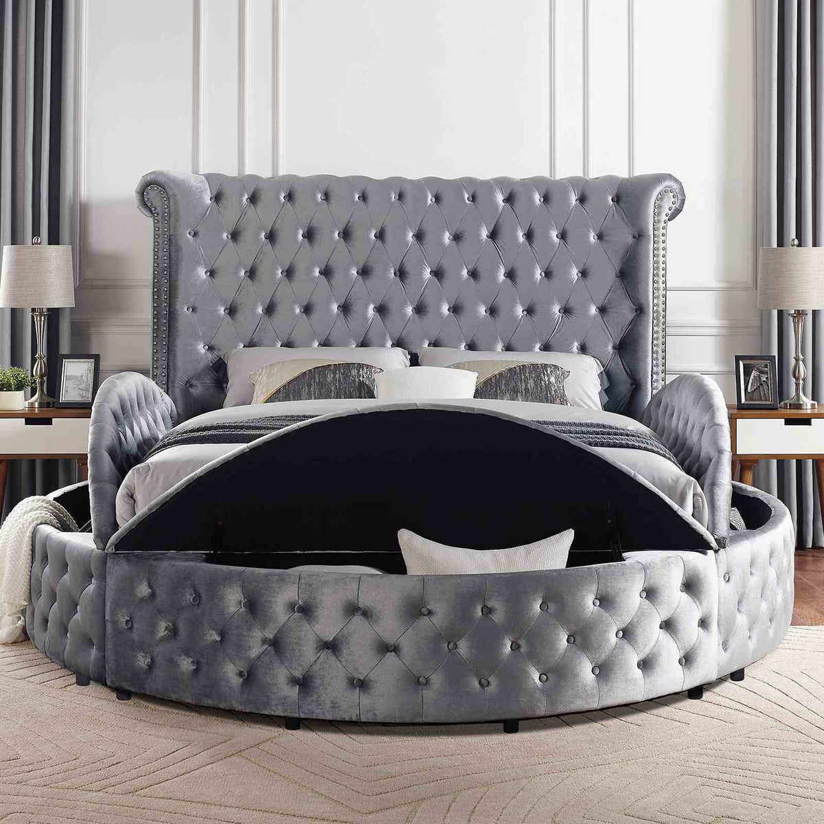 Glam Button Tufted Wingback Round Bed With Storage And USB Ports