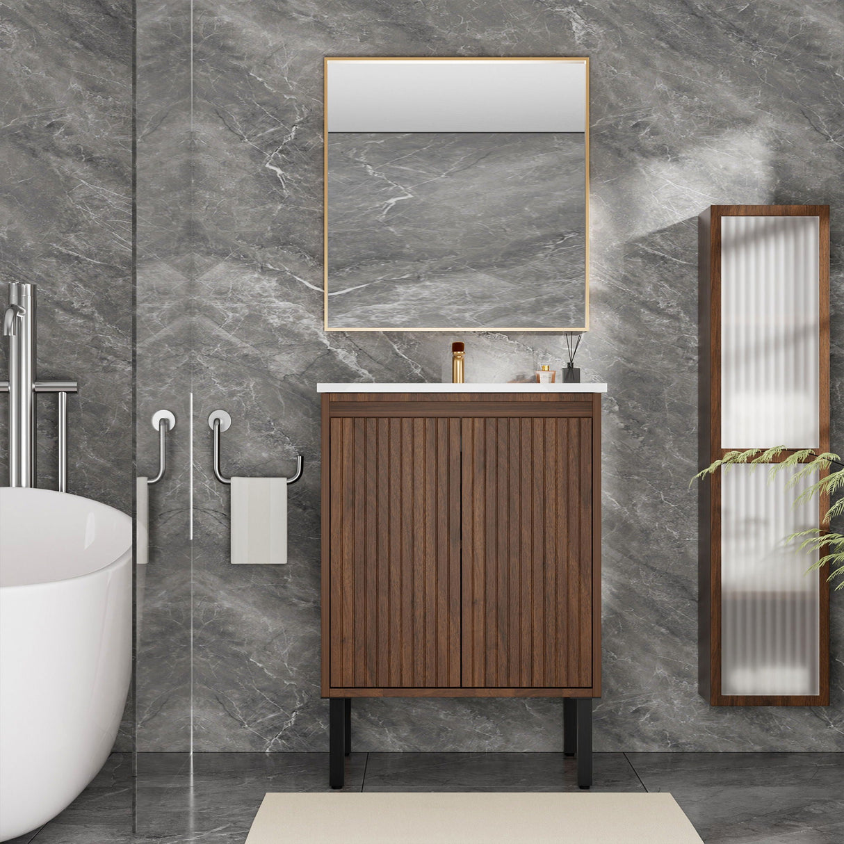 Bathroom Vanity With Ceramic Sink, Floor-Standing Design, Soft-Closing Drawers