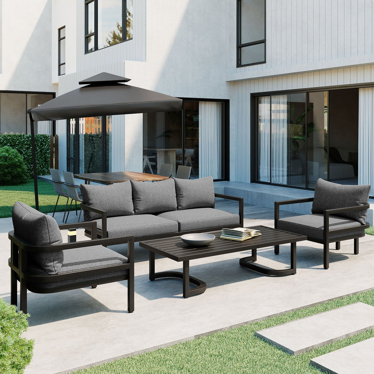 U_Style Multi-Person Outdoor Steel Sofa Set with Coffee Table