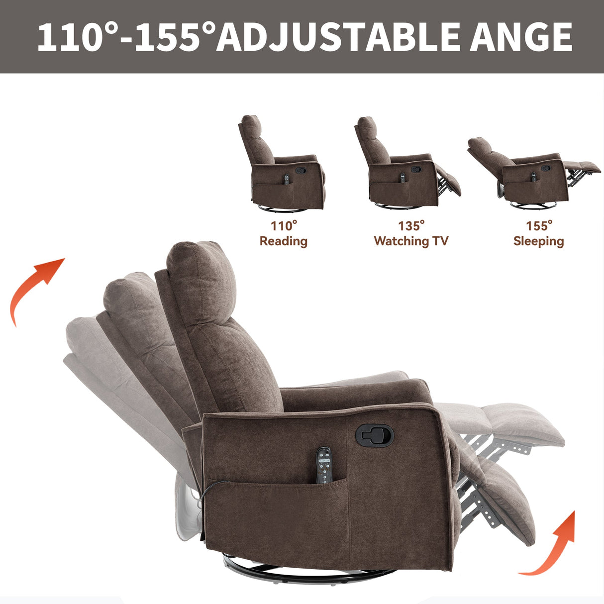 Heat Massage Manual Recliner Chair with Rocker and Swivel in Fabric