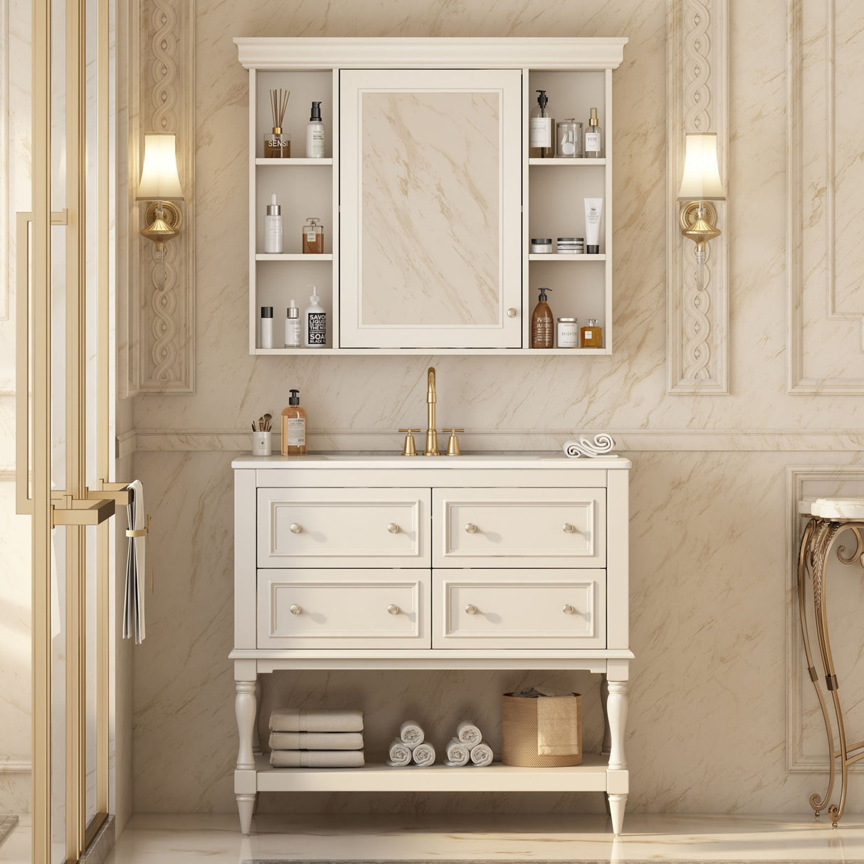 Bathroom Vanity with Medicine Cabinet, Storage Cabinet with 4 Drawers, Adjustable Shelf Mirror