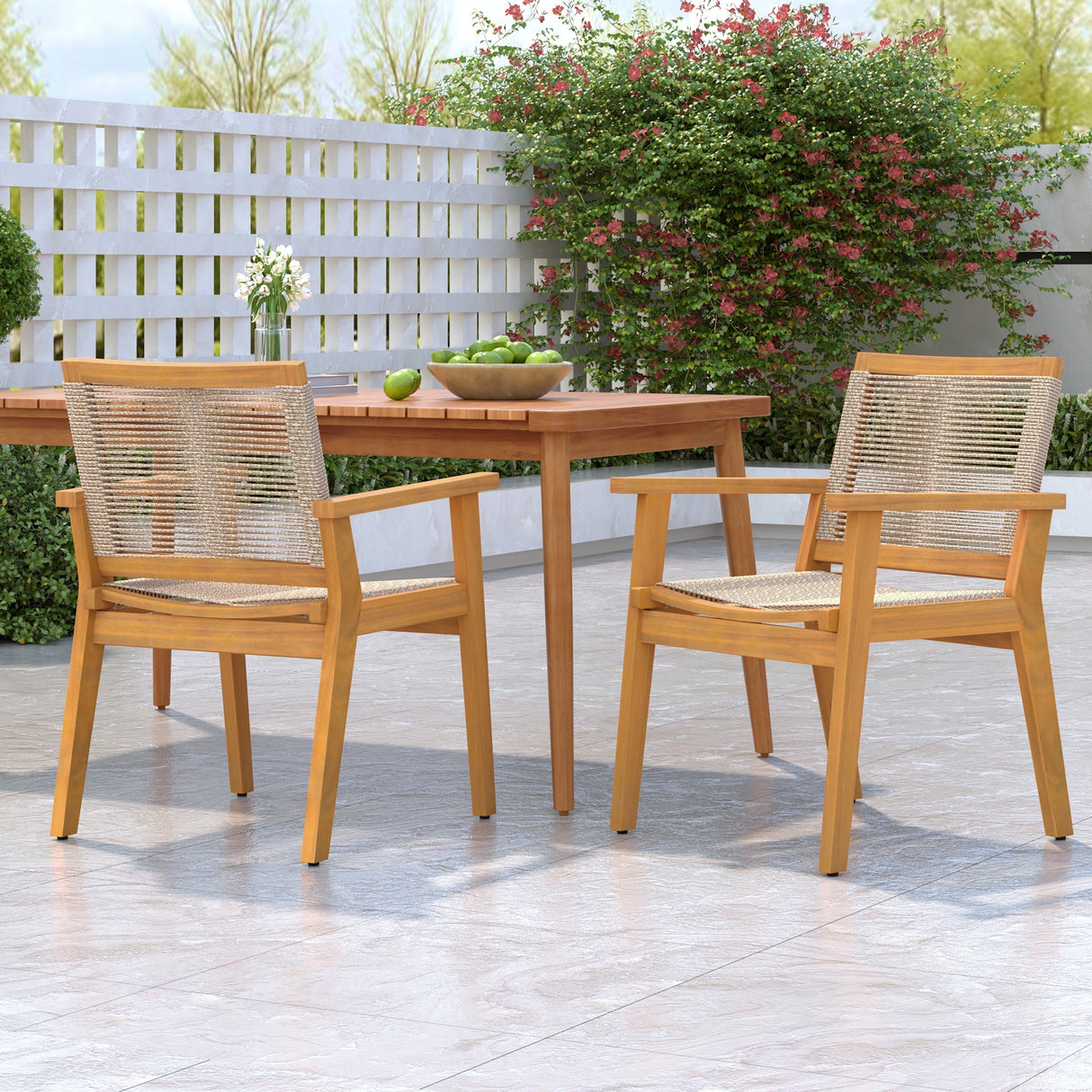 Outdoor Dining Chairs Set of 2 with Teak Finish Wood Frame and Brown Rope