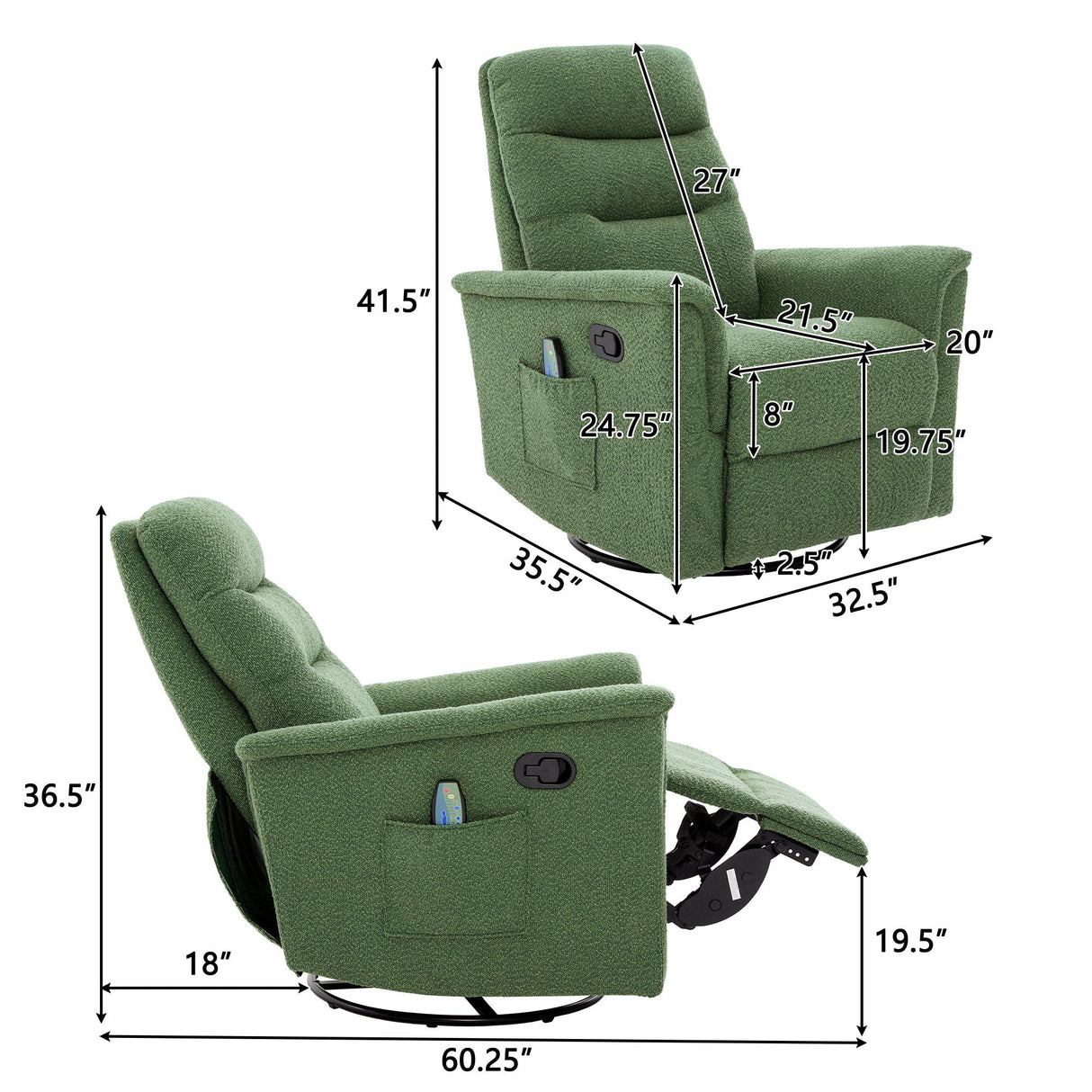 Manual Recliner Chair With 8-Point Massage and Swivel Function