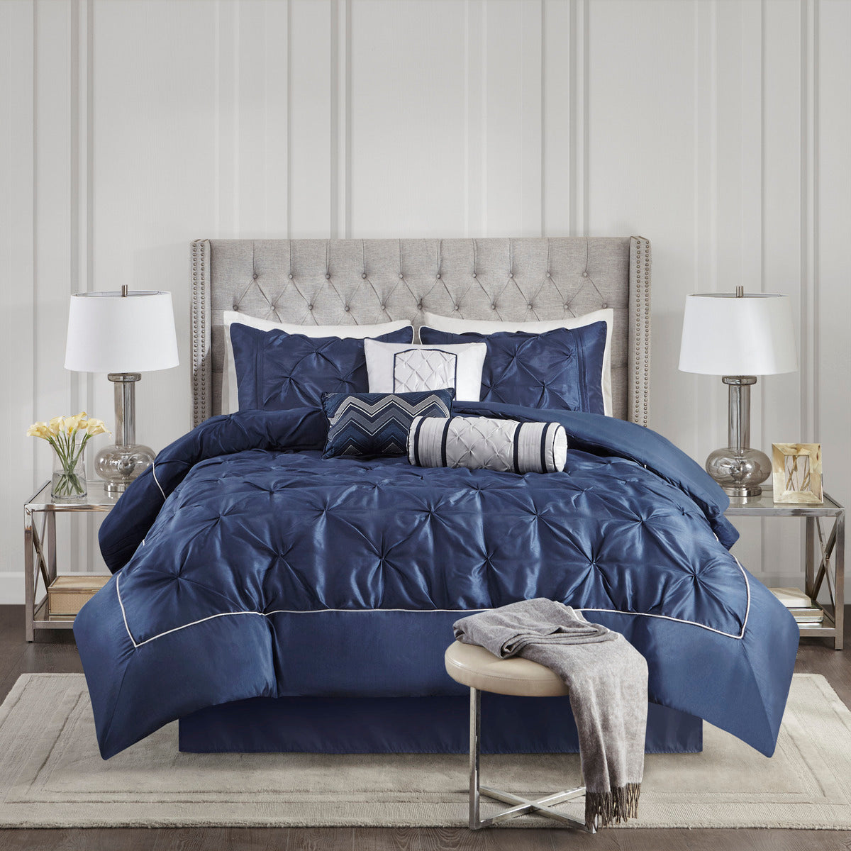 7 Piece Tufted Comforter Set Navy Queen