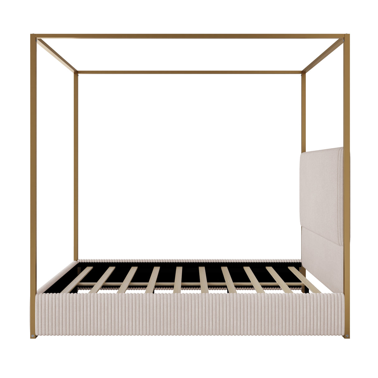Plush Corduroy Tall Headboard Gold Canopy Bed Frame