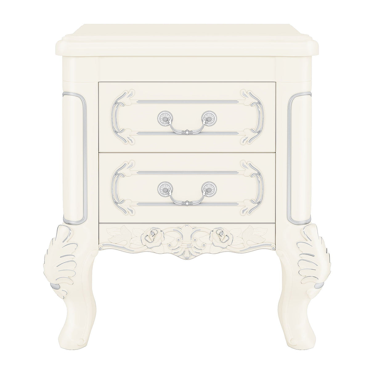 Carved Nightstand With 2 Drawers, Bedside Table - White