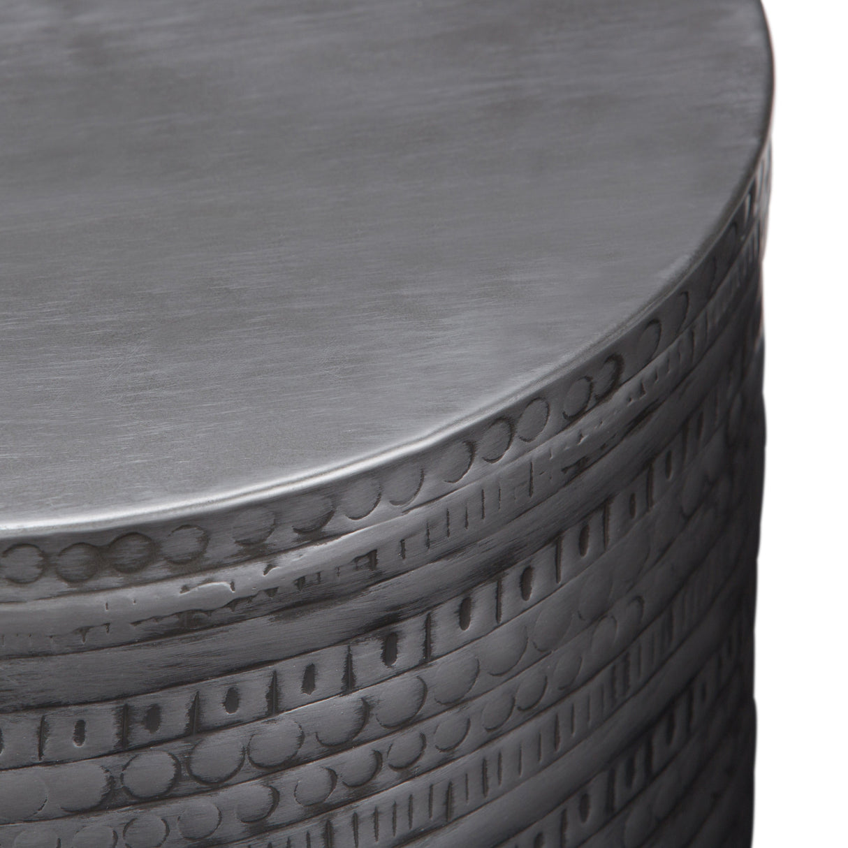 Johnsen 15 Inch Wide Tribal Pattern Metal Accent Table in Antique Silver