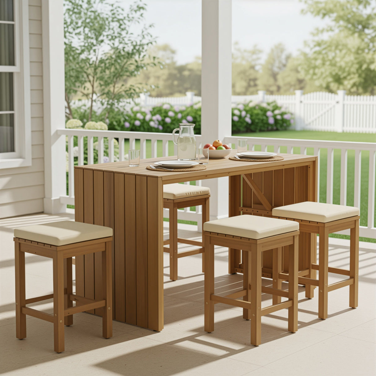 5 Piece Outdoor Bar Set with Acacia Wood Table and Cushioned Stools