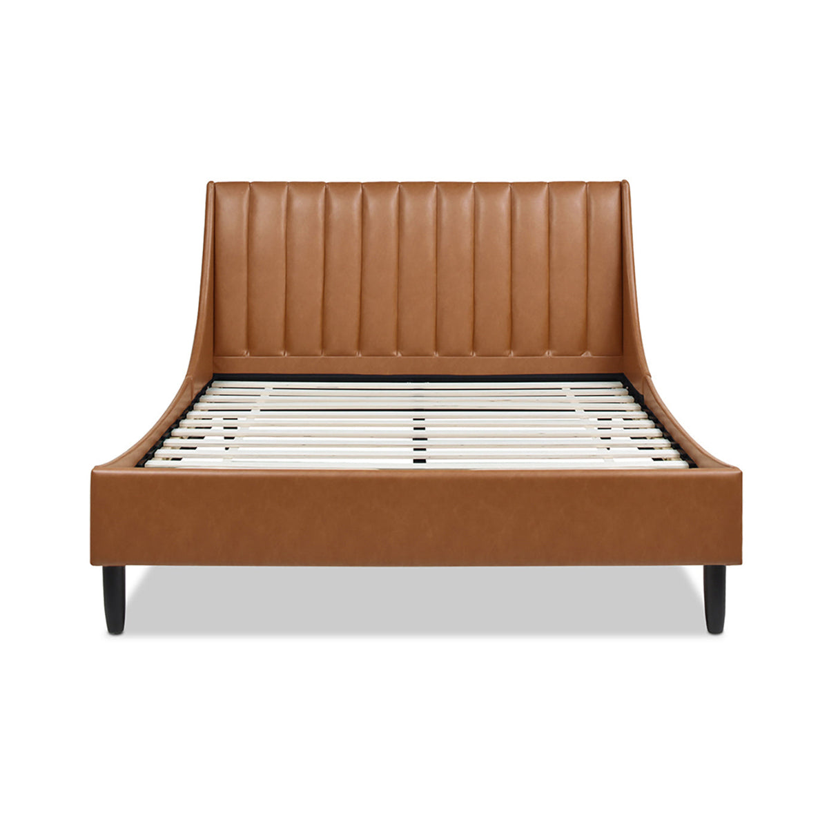 Aspen Vertical Tufted Modern Headboard Platform Bed Set, Queen, Caramel Tan Brown Faux Leather