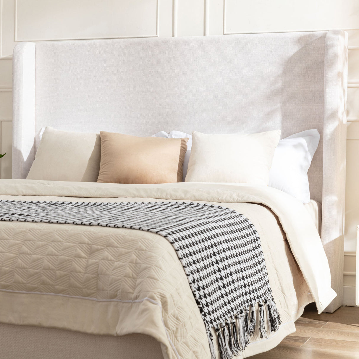 Hayden King Size Upholstered Wingback Bed with Textured Ivory Canvas and Tall 54' Headboard